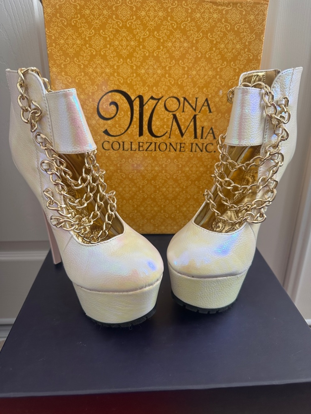 Mona Mia Iridescent White Platform Ankle Boots with Gold Chain Accent